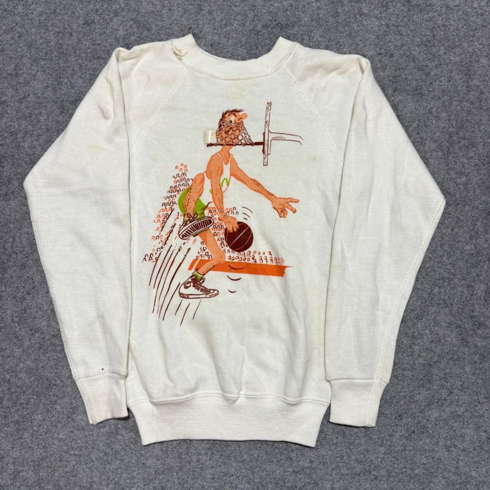 Vintage Kids Basketball Graphic Raglan Sweatshirt Cream White Medium